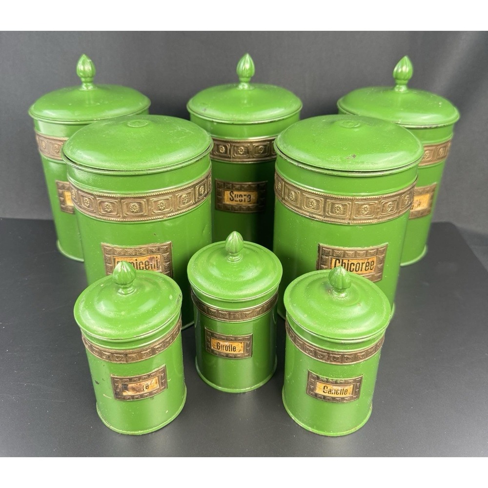 French Green Tin Kitchen Canister Metallic  8 Pc Art Deco Brass Labels Antique